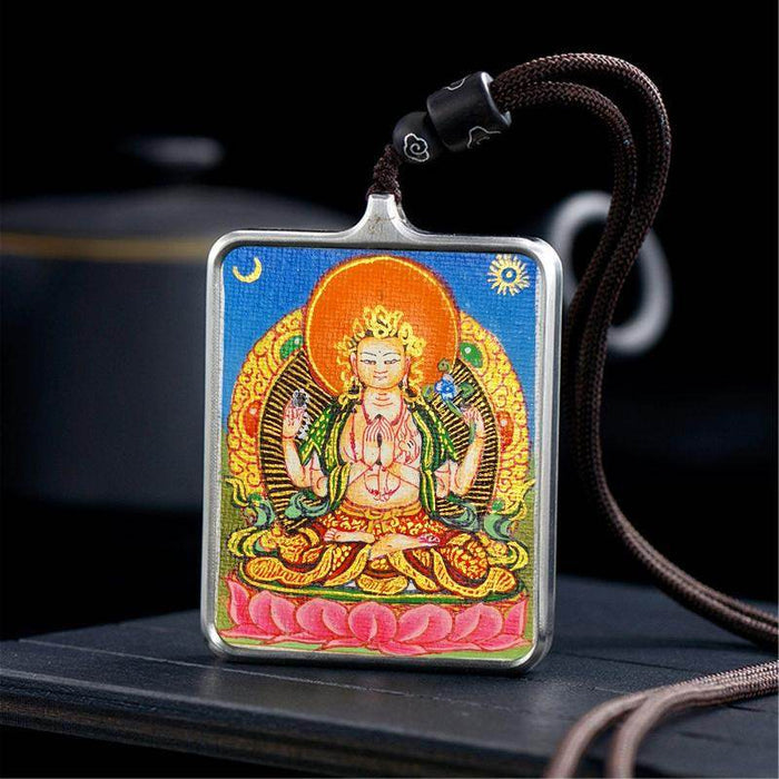 Handpainted Locket Thangka Amulet,Chenrezig,Avalokitesvara,Padmapani - Tibetan thangka painting, detailed view