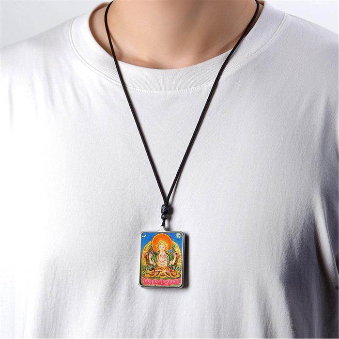 Handpainted Locket Thangka Amulet,Chenrezig,Avalokitesvara,Padmapani - Tibetan thangka painting, view 4