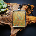 Handpainted Locket Thangka Amulet,Green Tara,Jetsun Dolma,Buddha of Wealth - Tibetan thangka painting, front view