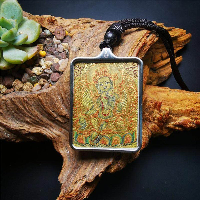 Handpainted Locket Thangka Amulet,Green Tara,Jetsun Dolma,Buddha of Wealth - Tibetan thangka painting, front view