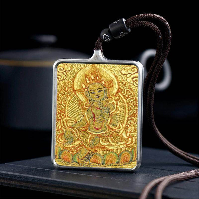 Handpainted Locket Thangka Amulet,Green Tara,Jetsun Dolma,Buddha of Wealth - Tibetan thangka painting, detailed view