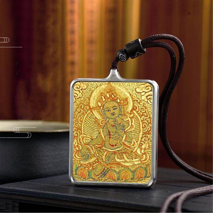 Handpainted Locket Thangka Amulet,Green Tara,Jetsun Dolma,Buddha of Wealth - Tibetan thangka painting, close-up detail