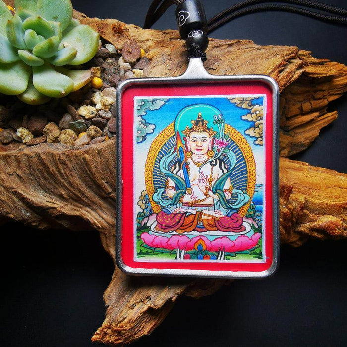 Handpainted Locket Thangka Amulet,Manjusri,Wisdom Buddha - Tibetan thangka painting, front view