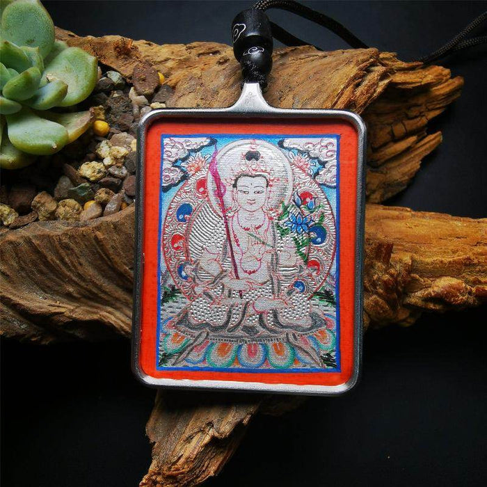 Handpainted Locket Thangka Amulet,Manjusri,Wisdom Buddha - Tibetan thangka painting, front view
