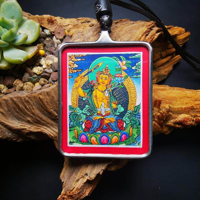 Handpainted Locket Thangka Amulet,Manjusri,Wisdom Buddha - Tibetan thangka painting, front view