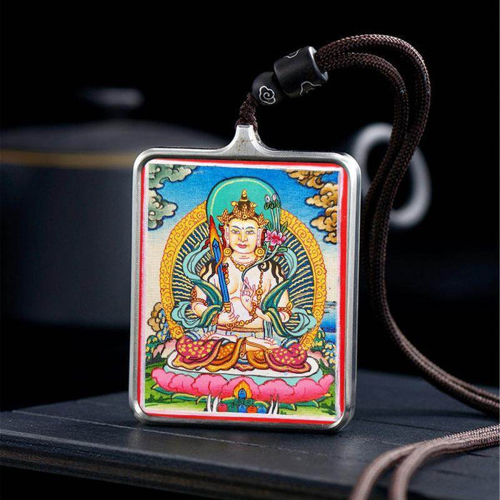 Handpainted Locket Thangka Amulet,Manjusri,Wisdom Buddha - Tibetan thangka painting, detailed view