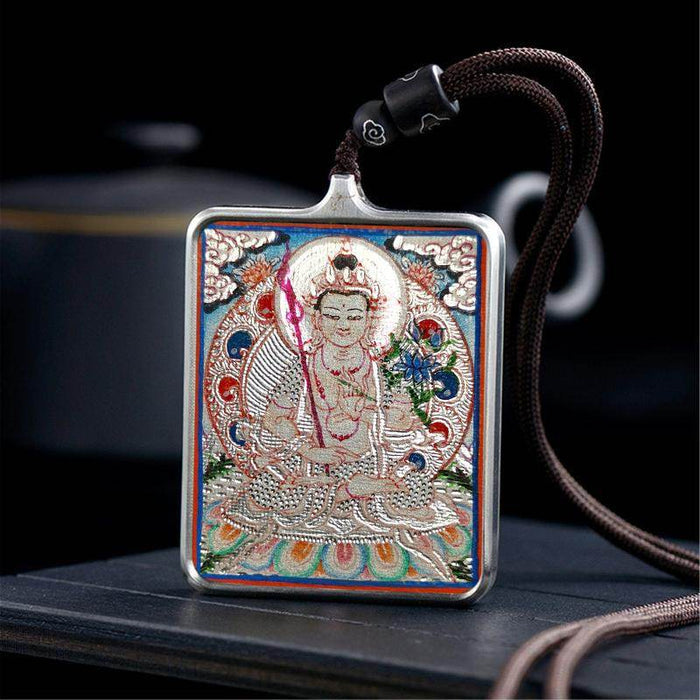 Handpainted Locket Thangka Amulet,Manjusri,Wisdom Buddha - Tibetan thangka painting, detailed view