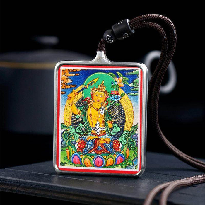 Handpainted Locket Thangka Amulet,Manjusri,Wisdom Buddha - Tibetan thangka painting, detailed view