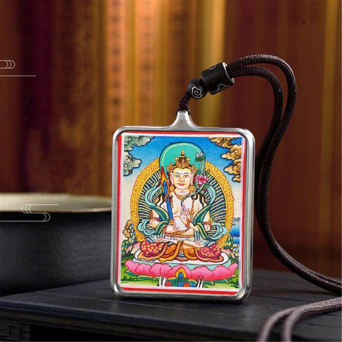 Handpainted Locket Thangka Amulet,Manjusri,Wisdom Buddha - Tibetan thangka painting, close-up detail