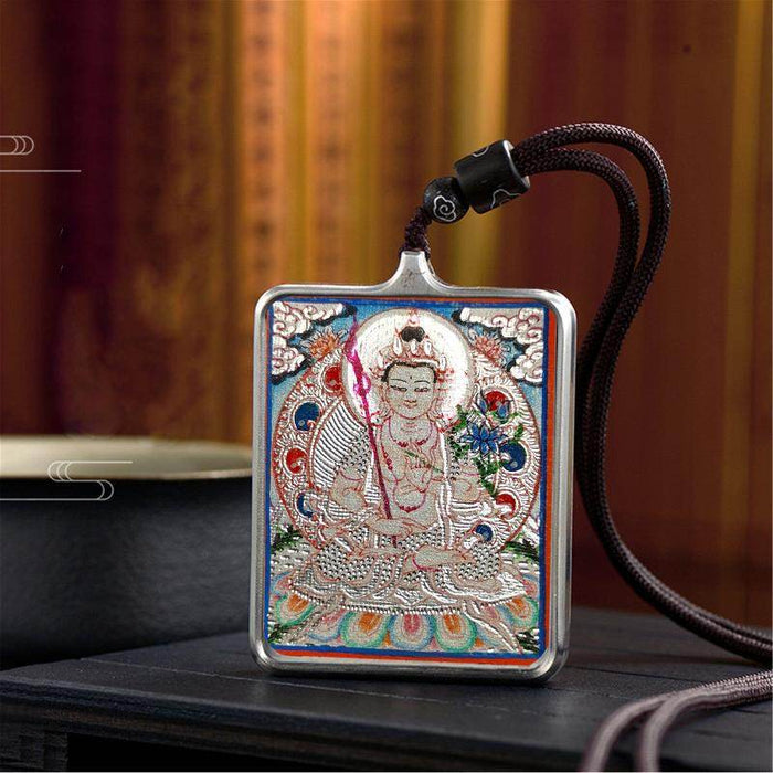 Handpainted Locket Thangka Amulet,Manjusri,Wisdom Buddha - Tibetan thangka painting, close-up detail