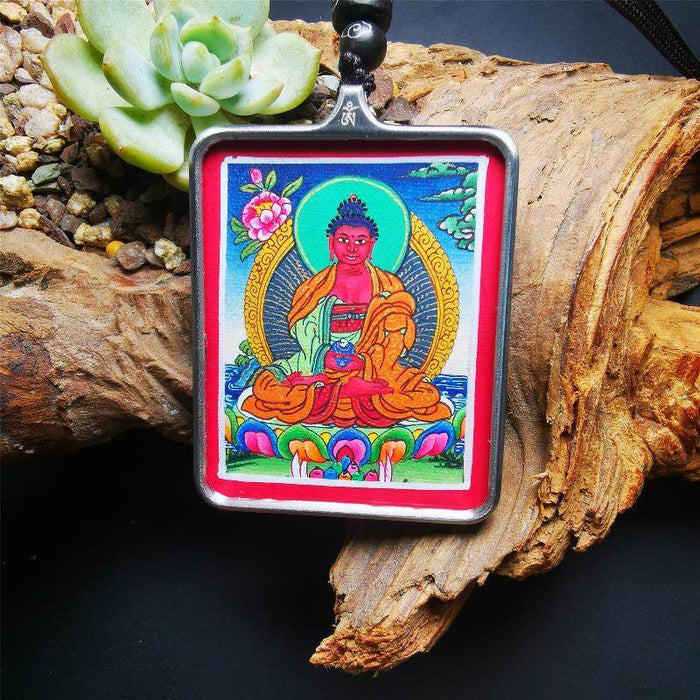 Handpainted Locket Thangka Amulet,Shakyamuni,Gautama Buddha - Tibetan thangka painting, front view