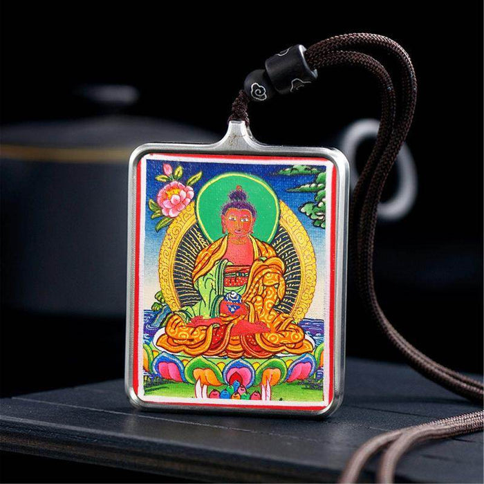 Handpainted Locket Thangka Amulet,Shakyamuni,Gautama Buddha - Tibetan thangka painting, detailed view