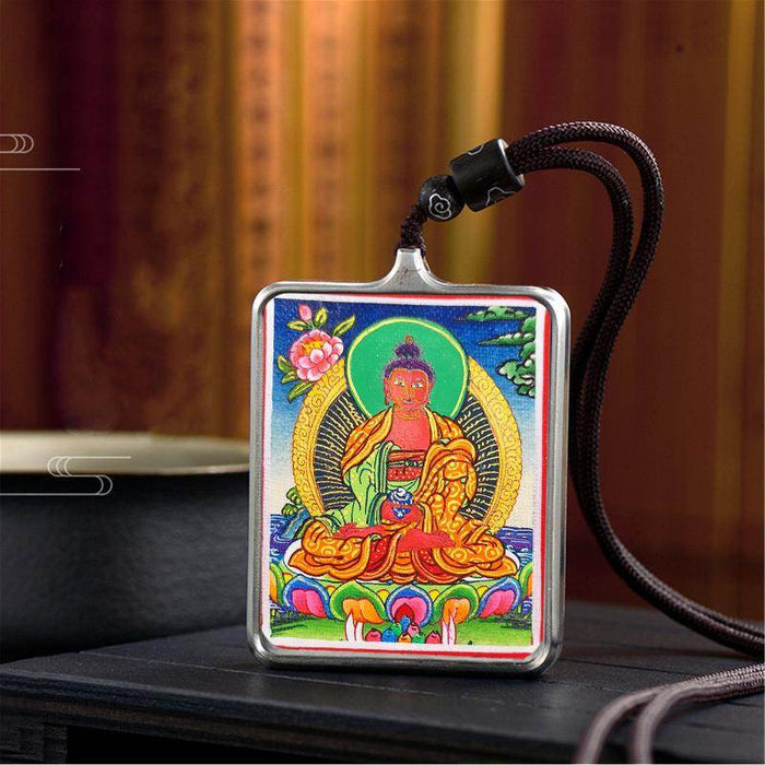 Handpainted Locket Thangka Amulet,Shakyamuni,Gautama Buddha - Tibetan thangka painting, close-up detail