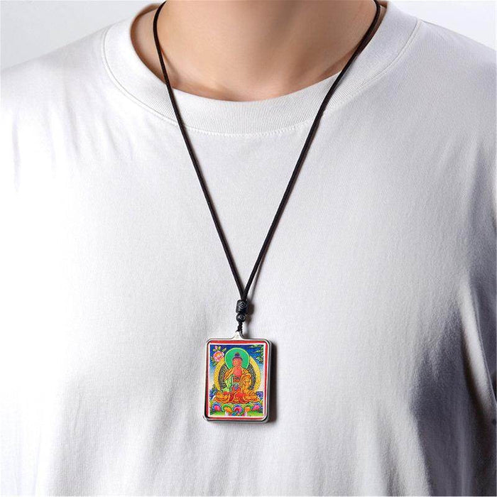 Handpainted Locket Thangka Amulet,Shakyamuni,Gautama Buddha - Tibetan thangka painting, view 4