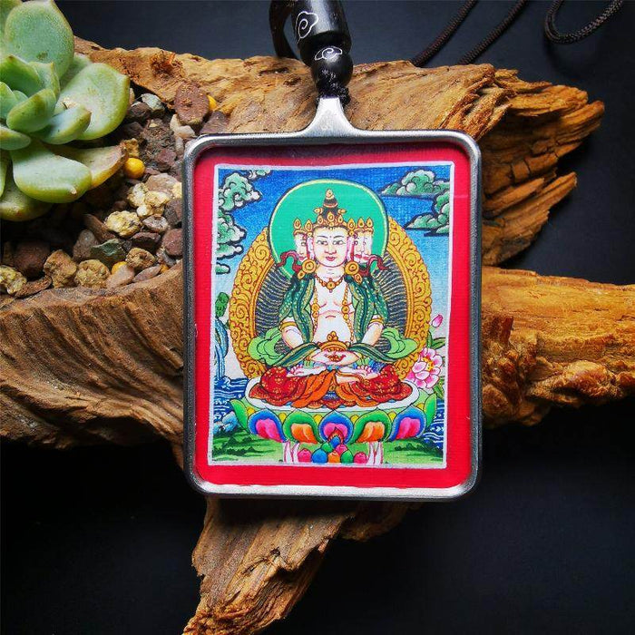 Handpainted Locket Thangka Amulet,Vairocana,Cosmic Buddha - Tibetan thangka painting, front view