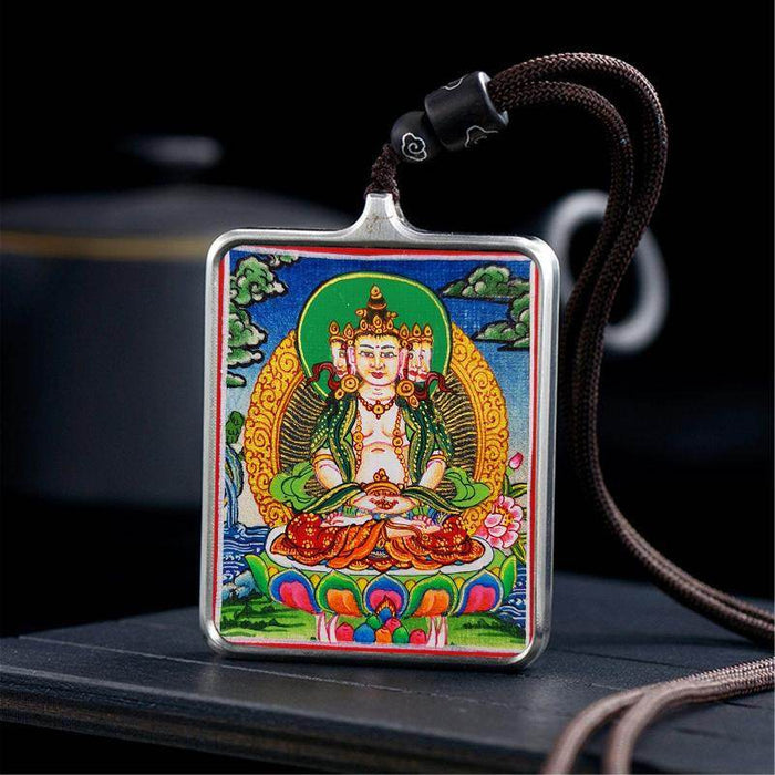 Handpainted Locket Thangka Amulet,Vairocana,Cosmic Buddha - Tibetan thangka painting, detailed view