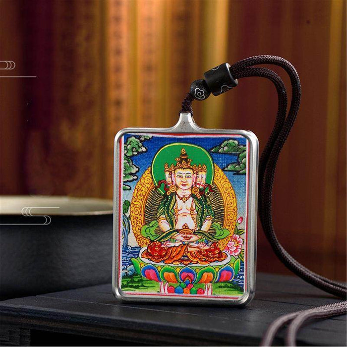 Handpainted Locket Thangka Amulet,Vairocana,Cosmic Buddha - Tibetan thangka painting, close-up detail