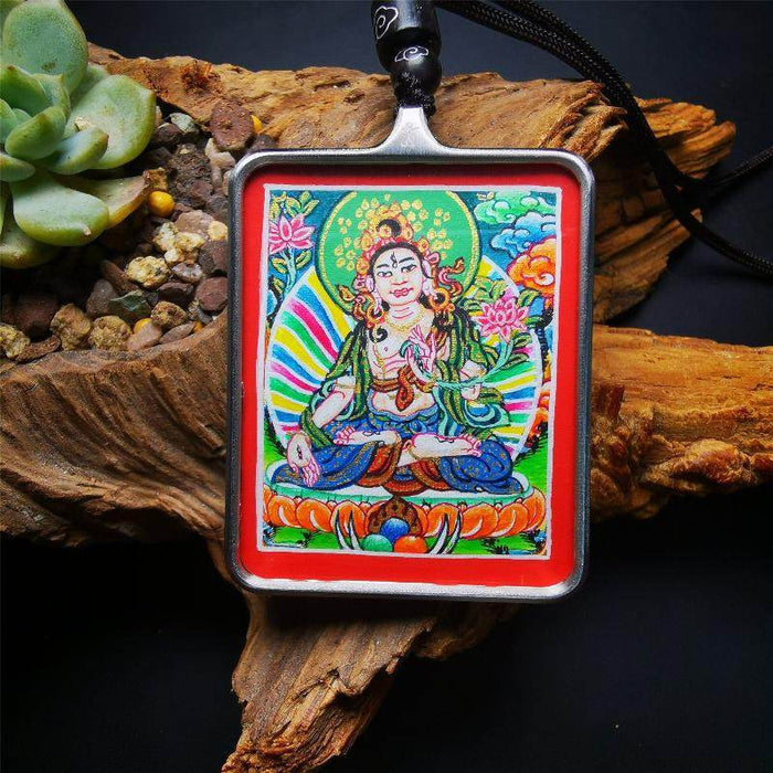 Handpainted Locket Thangka Amulet,White Tara,Arya Tara,Buddha of Wealth - Tibetan thangka painting, front view