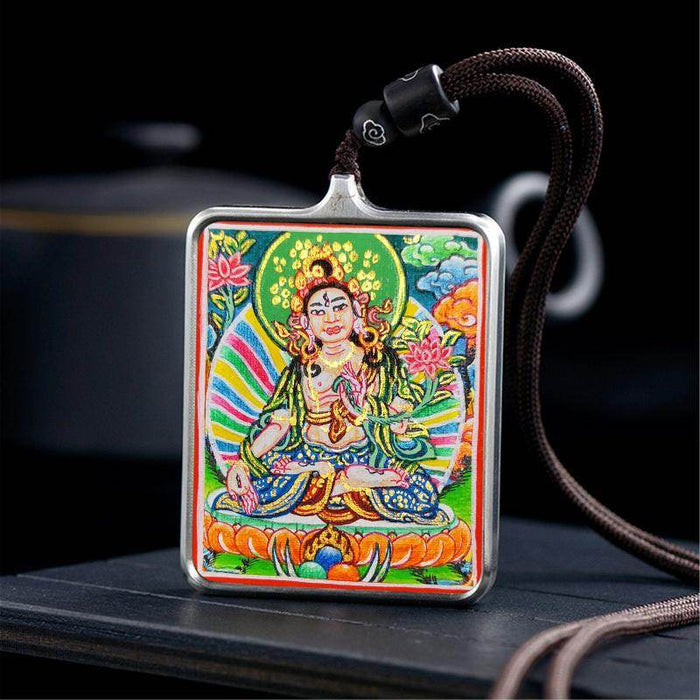 Handpainted Locket Thangka Amulet,White Tara,Arya Tara,Buddha of Wealth - Tibetan thangka painting, detailed view
