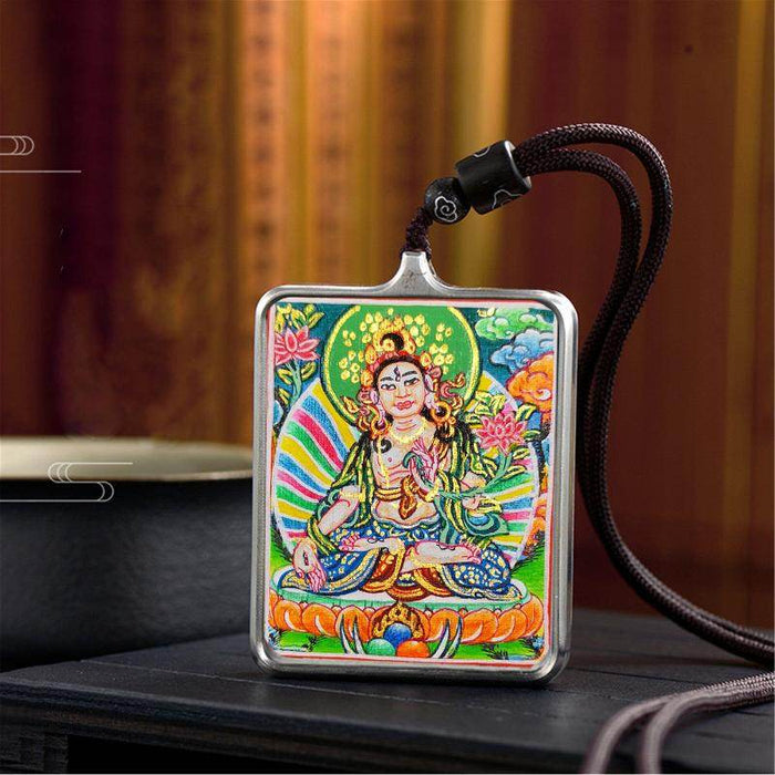 Handpainted Locket Thangka Amulet,White Tara,Arya Tara,Buddha of Wealth - Tibetan thangka painting, close-up detail