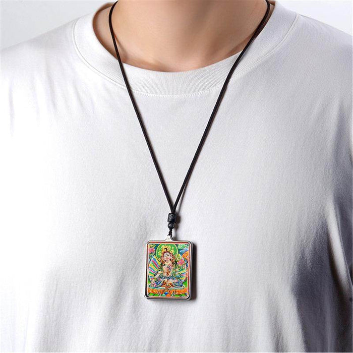 Handpainted Locket Thangka Amulet,White Tara,Arya Tara,Buddha of Wealth - Tibetan thangka painting, view 4