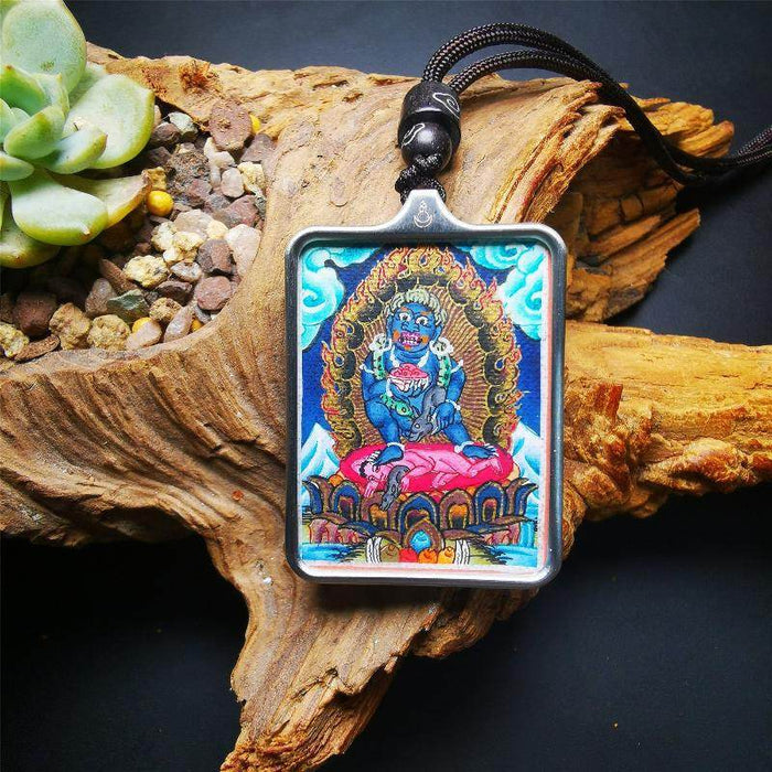 Handpainted Locket Thangka Mahakala - Tibetan thangka painting, front view