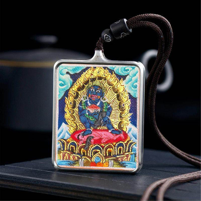 Handpainted Locket Thangka Mahakala - Tibetan thangka painting, detailed view