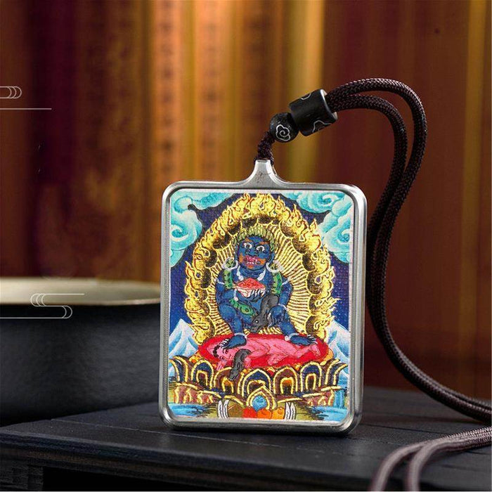 Handpainted Locket Thangka Mahakala - Tibetan thangka painting, close-up detail