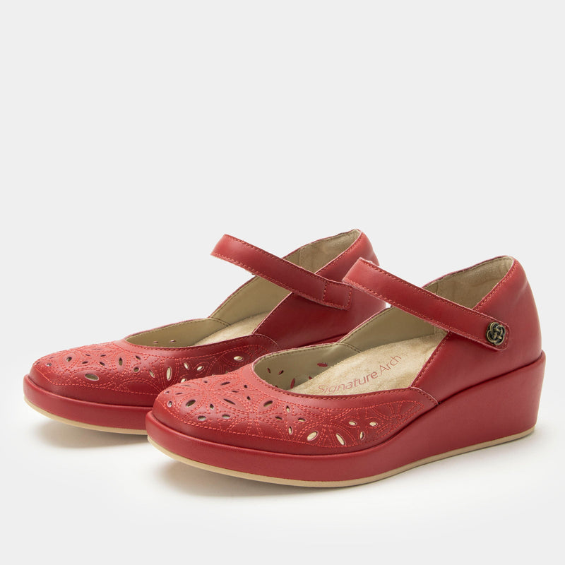 Hayes Ruby Breeze Shoe on a Trimform wedge outsole | Red leather mary jane shoe with laser cutouts on a wedge heel outsole.