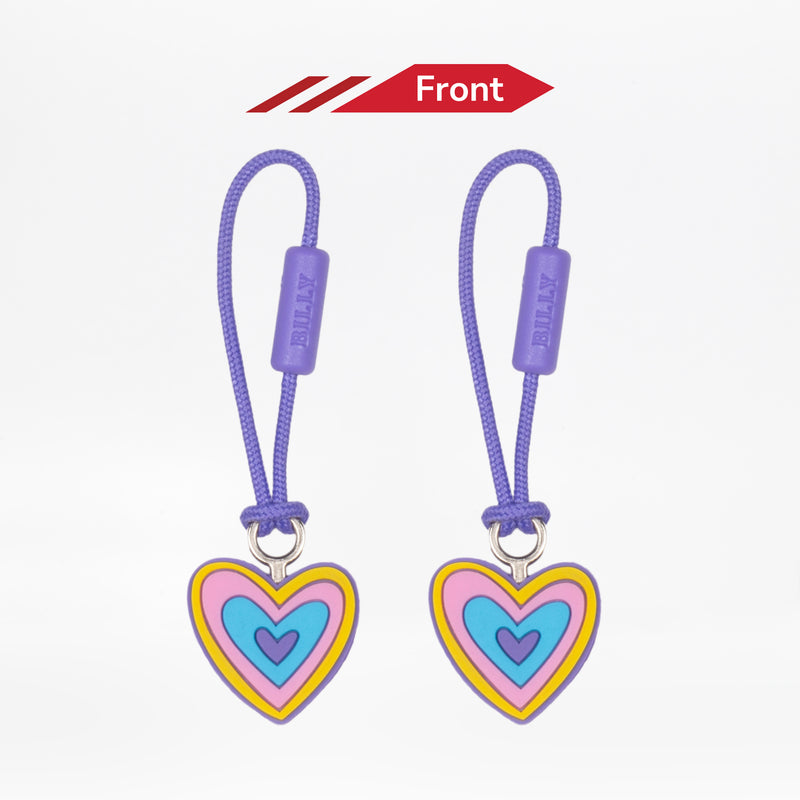 Two heart-shaped zipper pulls with colorful design on a white background