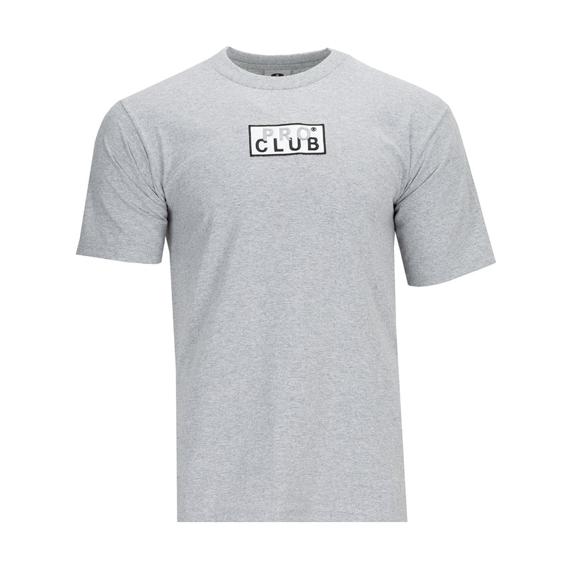Heather grey men's crewneck tee with embroidered box logo on front