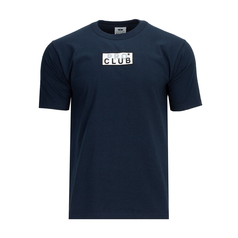 Men's navy heavyweight tee with embroidered box logo on chest, crew neck, short sleeves