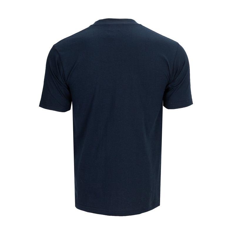 Men's navy heavyweight tee, back view with smooth plain fabric, crew neck, short sleeves
