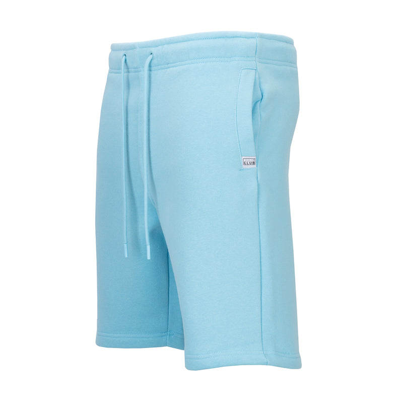 Carolina blue fleece shorts with side pockets and drawstring, relaxed mid-thigh cut