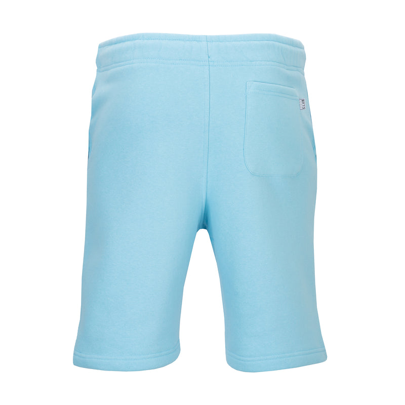 Carolina blue fleece shorts with back patch pocket and elastic waistband