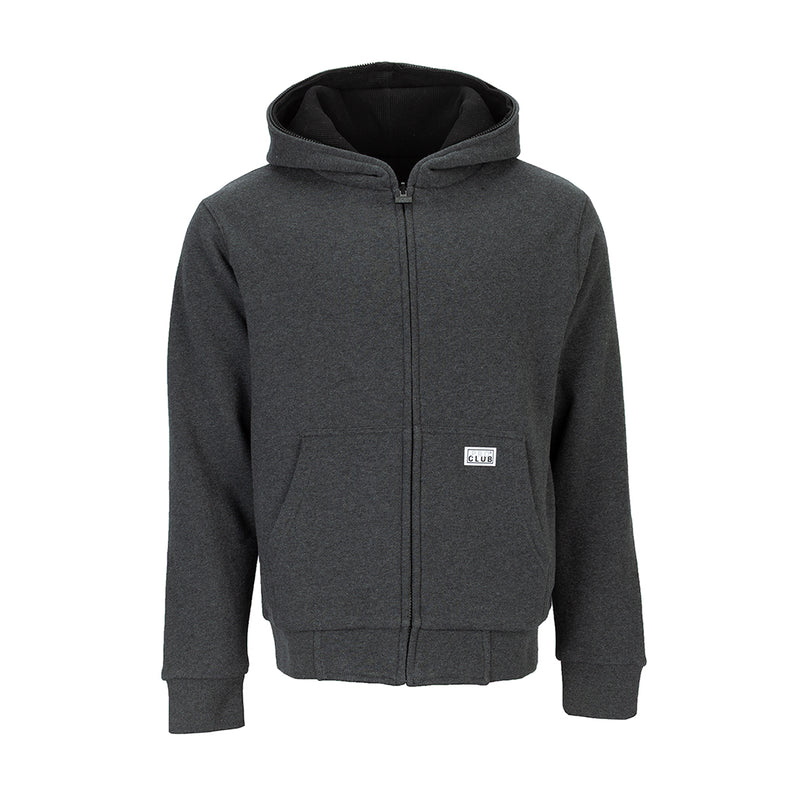 Mens charcoal grey zip-front hoodie with hood and front kangaroo pocket