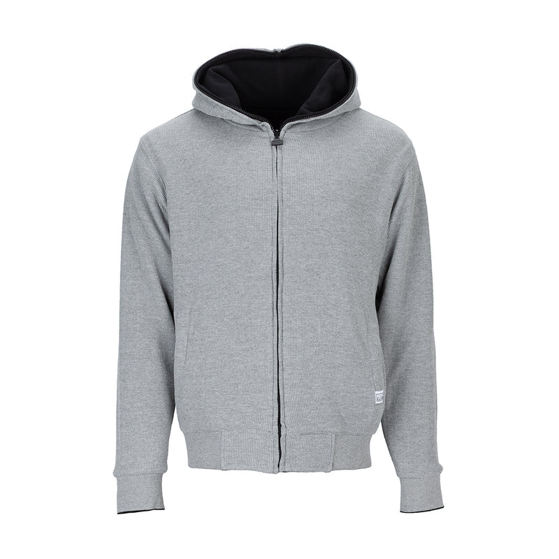 Men's reversible full-zip hoodie in heather gray, with black zipper and hood