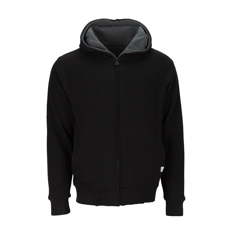 Mens black zip-front hoodie with hood and ribbed cuffs