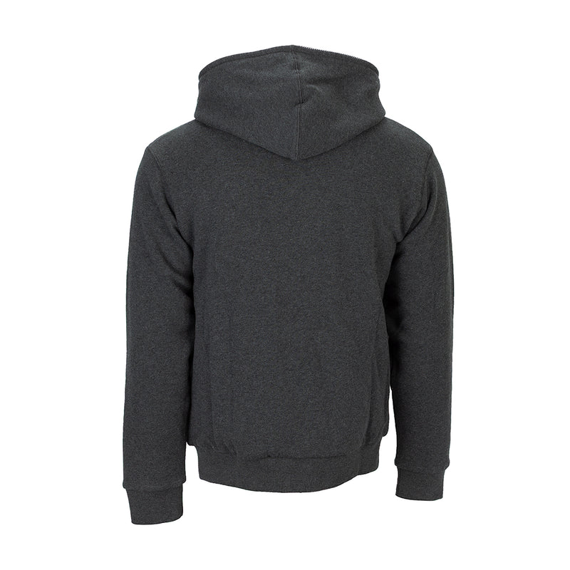 Mens charcoal grey zip-front hoodie, back view, with hood and ribbed hem