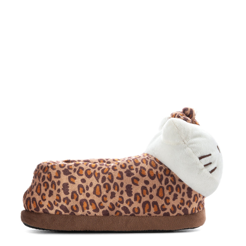 Kids plush slipper with leopard-print upper, white cat face, and brown sole