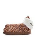 Kids plush slipper with leopard-print upper, white cat face, and brown sole