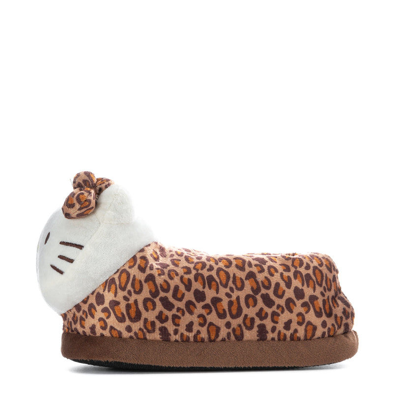 Kids leopard-print plush slipper with white cat face detail and brown sole