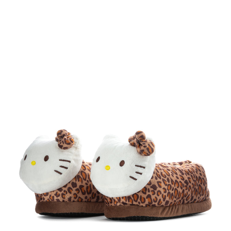 Pair of kids plush slippers with leopard-print uppers, white cat faces, brown soles