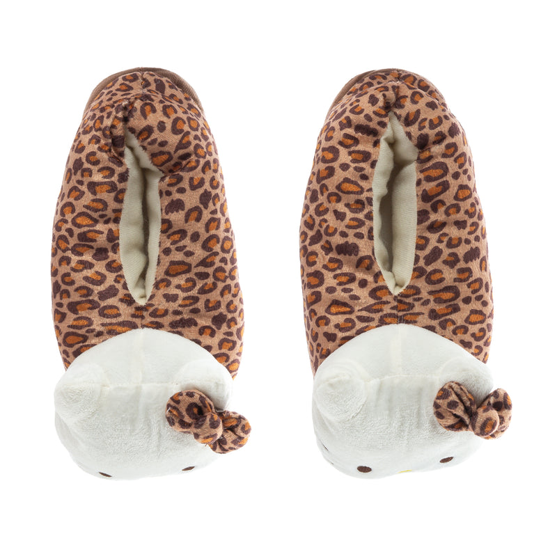 Kids plush slipper showing leopard-print fabric with white cat toe front and brown sole