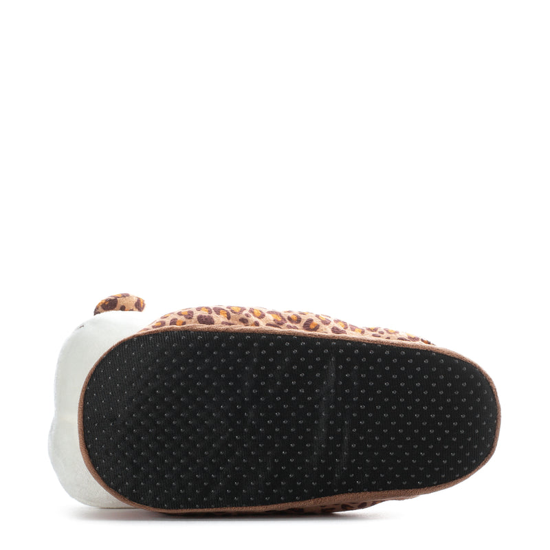 Kids plush slipper outsole with dark textured bottom and brown edge trim