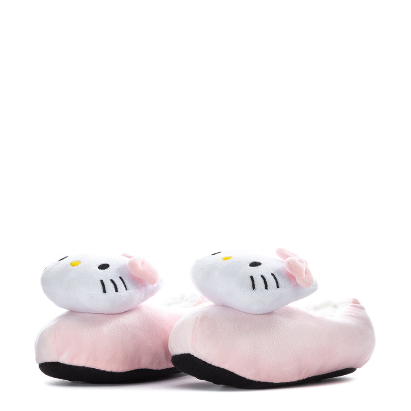 Pair of pink toddler plush Hello Kitty slippers with cat faces and black sole trim