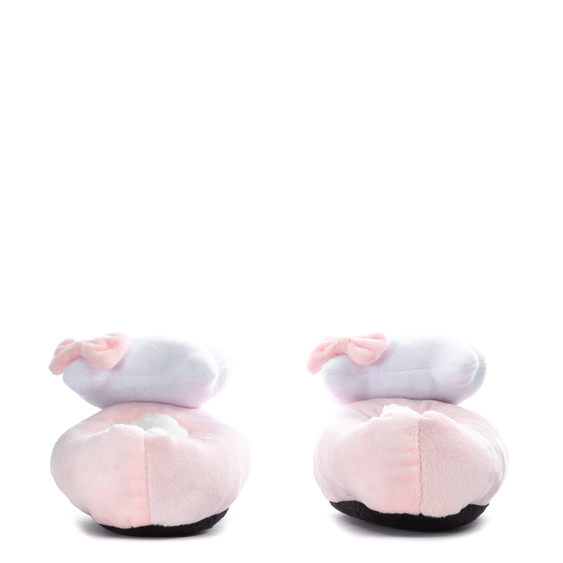 Pink toddler plush Hello Kitty slippers from heel view with black sole trim
