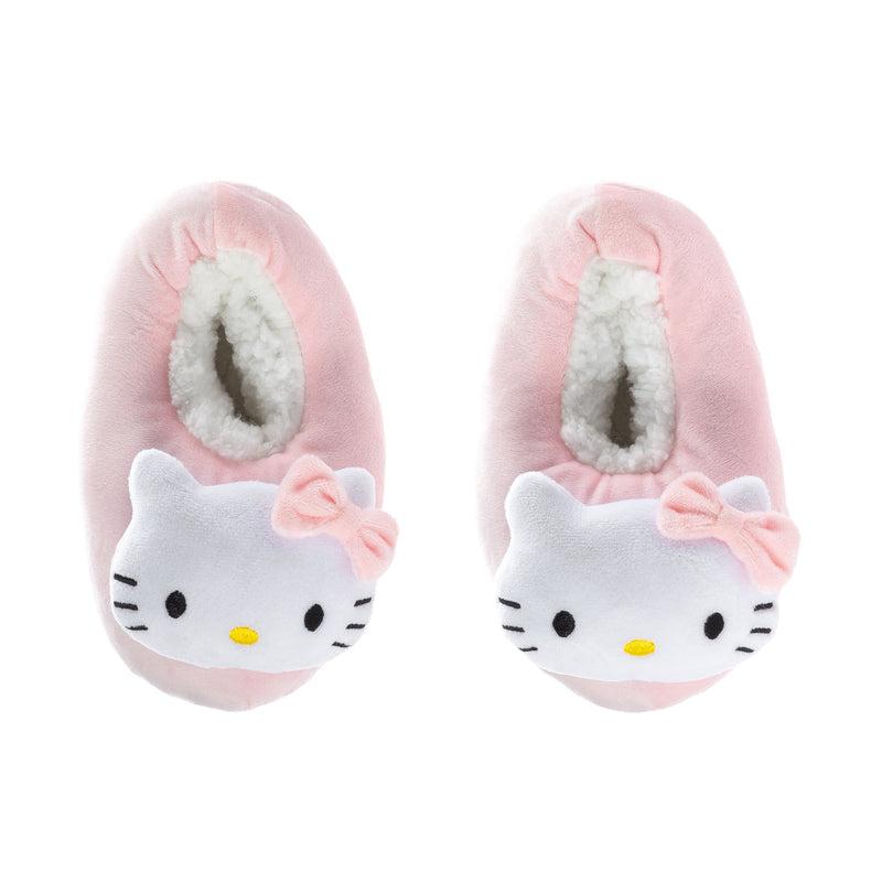 Pink and white toddler Hello Kitty plush slippers with cat face on each toe