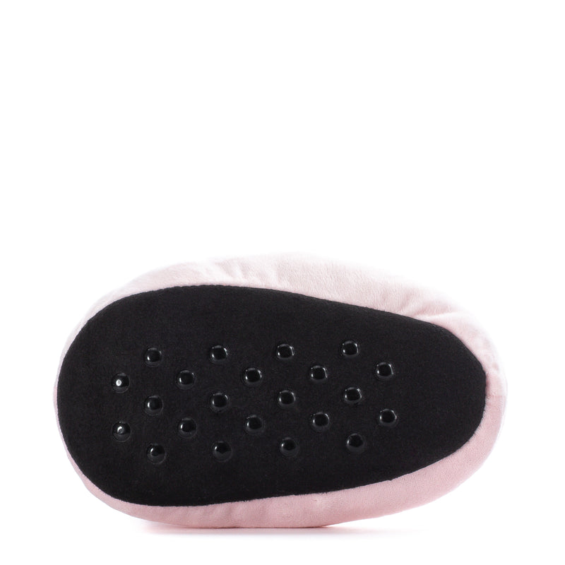 Bottom view of pink toddler Hello Kitty slipper with black anti-slip dot pattern