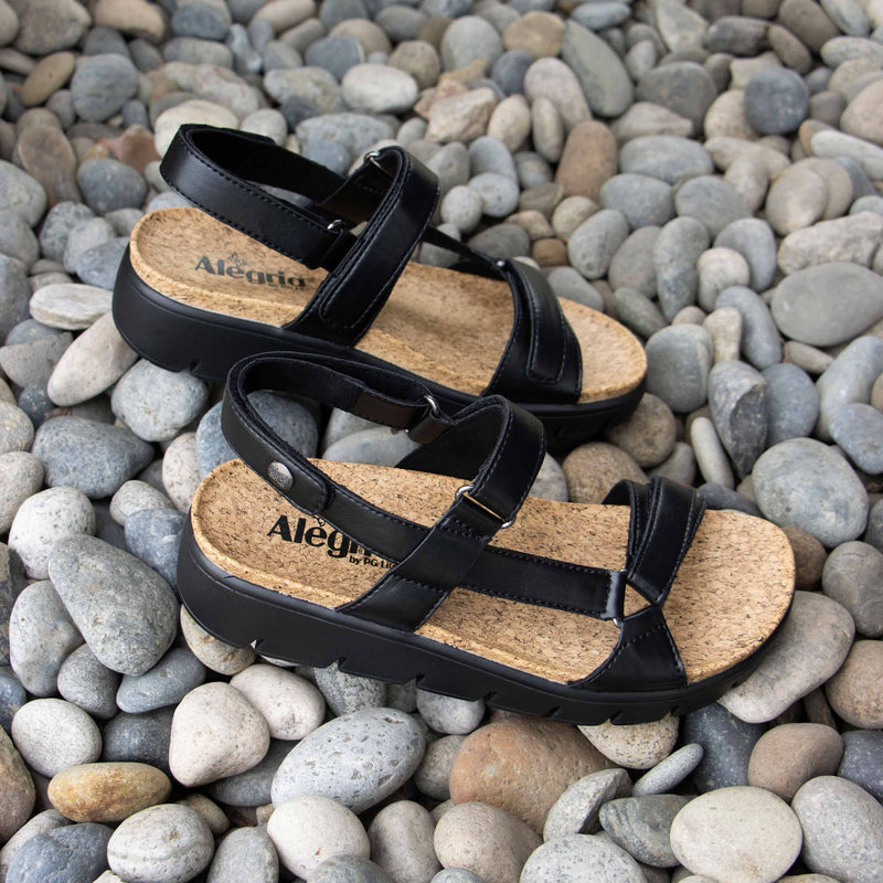 Henna Black strappy sandal on heritage outsole with cork printed footbed- HEN-601